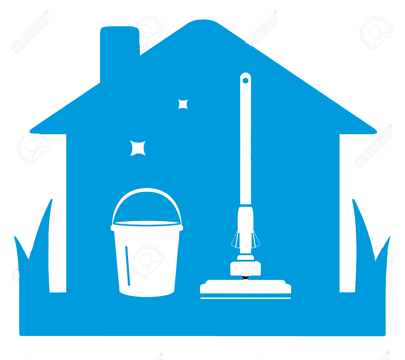 cleaning black isolated icon with tools and house silhouette